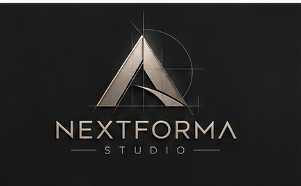 Logótipo NEXTFORMA STUDIO com símbolo geométrico metálico sobre fundo preto